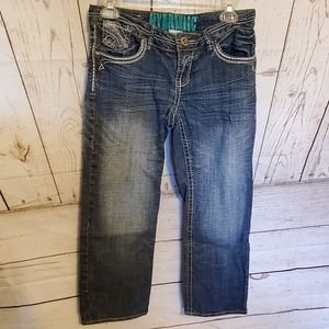 Hydraulic embellished low rise denim capri pants blue size 7/8